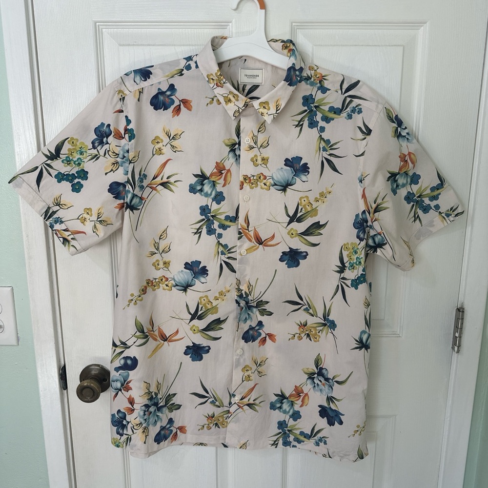 7 Diamonds Floral Print Short Sleeve Shirt - Cream and Blue